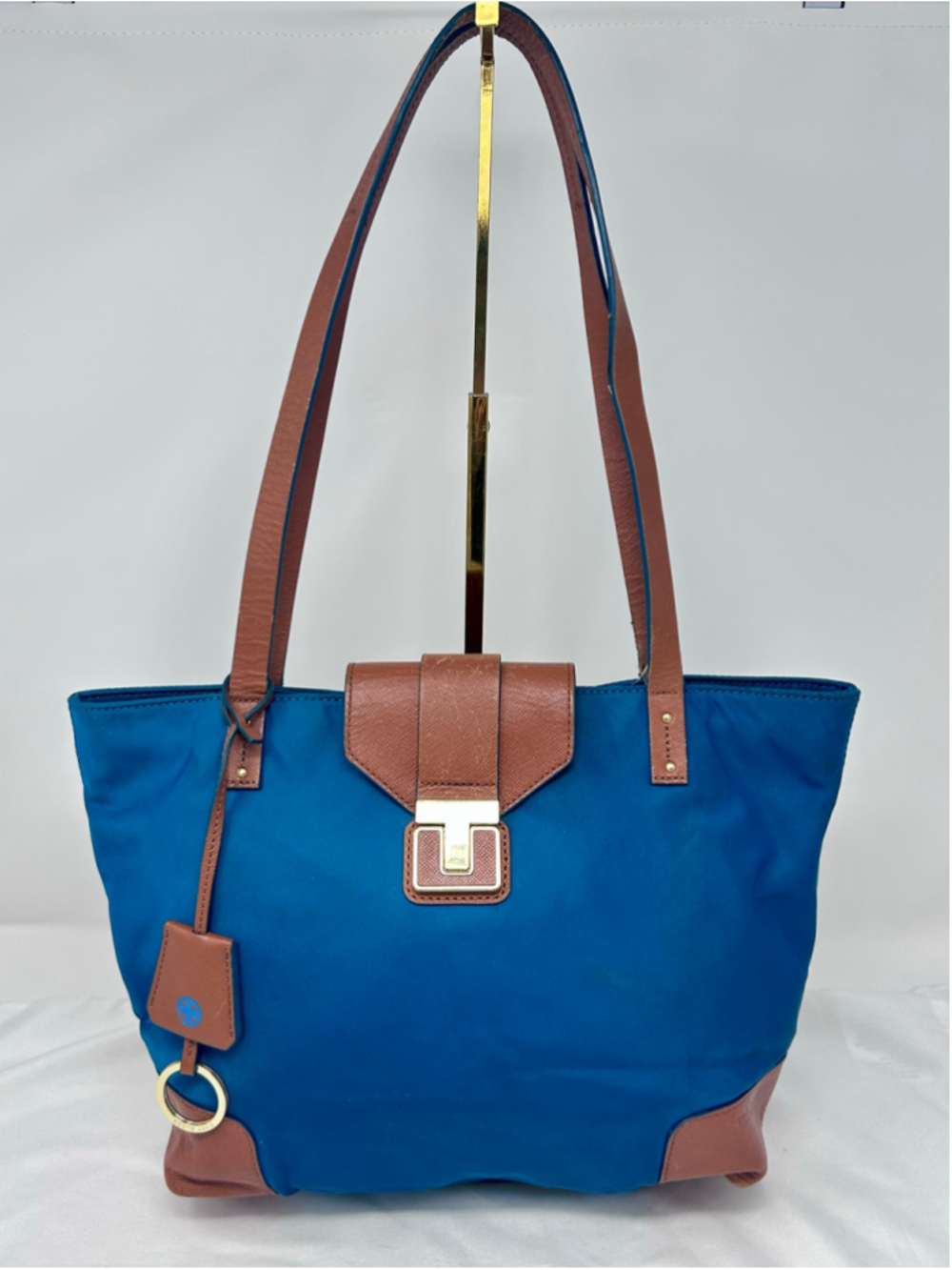 Tory Burch Penn Nylon Travel Tote Shoulder Bag Teal Leather Trim Logo